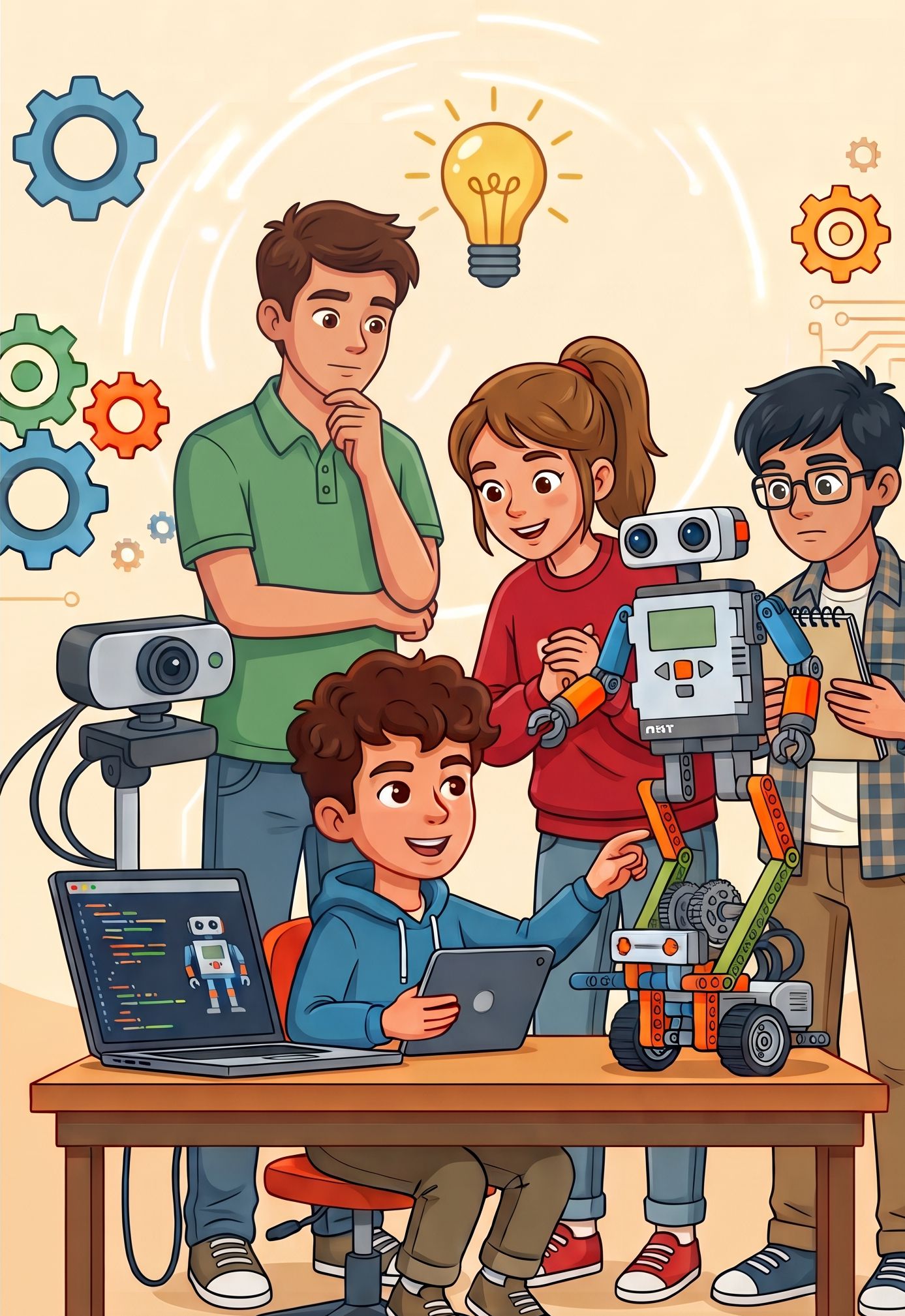 Grafika przewodnia wydarzenia AIKathon przedstawiająca czteroosobowy zespół młodzieży pracujący nad robotem wyposażonym w kamerę, laptopem i tabletem